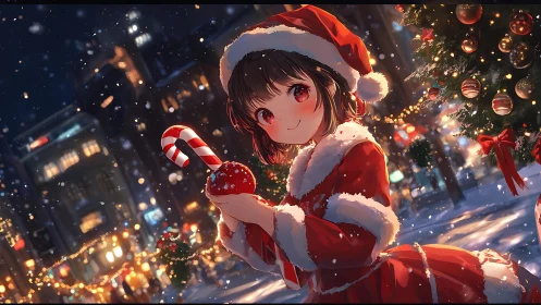 Girl in red Santa outfit holds candy cane in snowy street