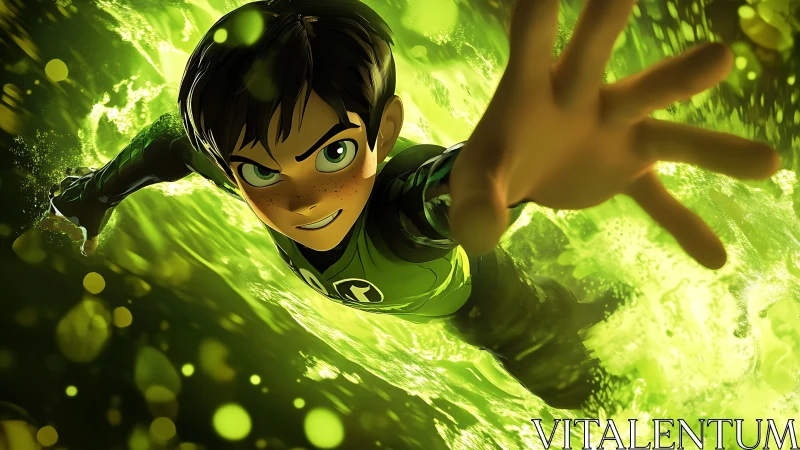 Teen hero figure reaching forward in green energy field.