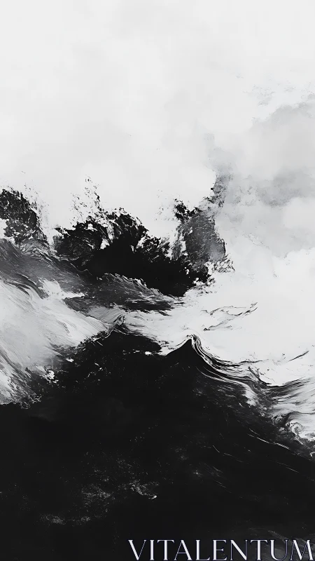 Monochrome waves swirling into calm open white sky.