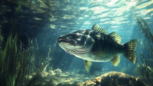 Sunlit underwater bass gliding through a peaceful river world.