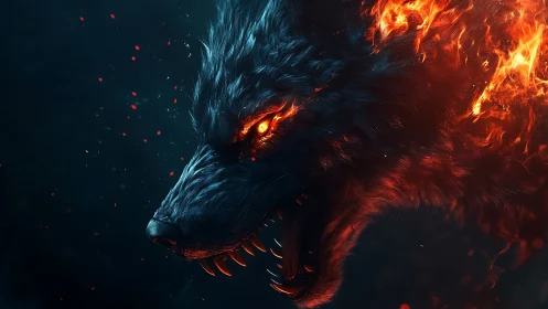 Flaming wolf head snarls in dark environment with sparks