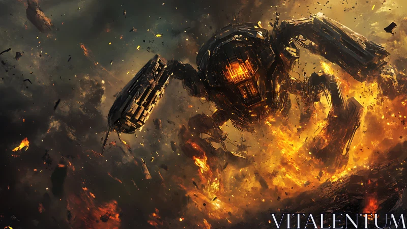 Heavily armored mech descends through explosive atmospheric firestorm