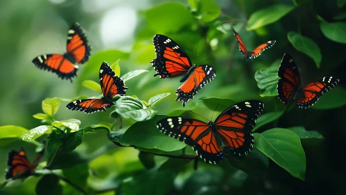 Monarch butterflies drift through lush green forest canopy.