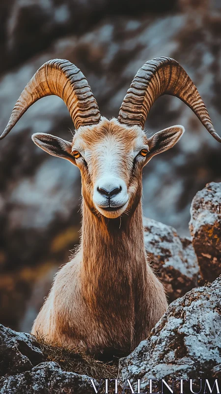 Mountain goat portrait shows curved horns and rocky habitat