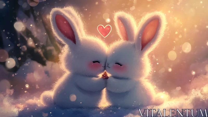 Fluffy snow bunnies share gentle kiss in glowing dusk light.