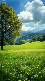 Tree stands over sunlit meadow with distant mountain ridge