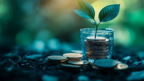 Glass of stacked coins supports young green plant in bokeh light