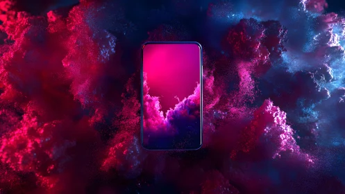 Futuristic smartphone in vibrant neon clouds, digital art style.