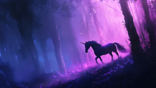 Digital painting of a unicorn in luminescent twilight forest.