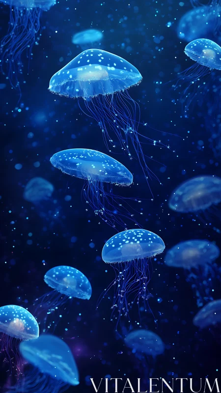 Bioluminescent jellyfish colony in deep blue seawater.
