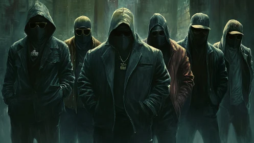 Masked urban gang stands unified in rain-soaked alleyway