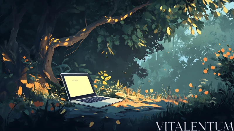 Open laptop on forest ground under dense green canopy.