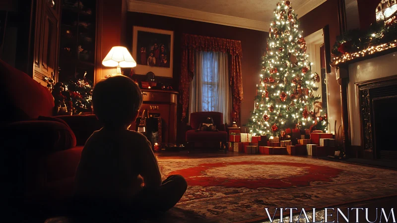 Child silhouetted before illuminated Christmas tree in warm parlor