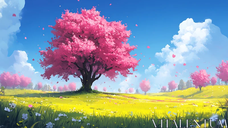 Spring meadow daydream under a sky of drifting blossoms.