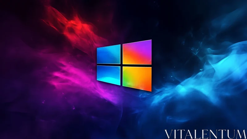 Windows logo glows against neon bifurcated gradient nebula field