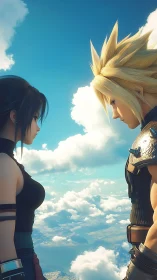 Two stylized figures facing each other above cloudscape sky.