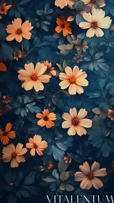 Cosmos of Cream and Orange Daisies on Deep Navy Background.