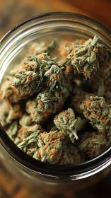 Cannabis buds rest inside glass jar in warm close-up view.