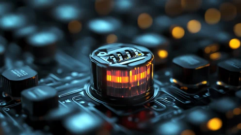 Illuminated control knob glows on futuristic sound console