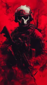 Crimson phantom soldier rising through swirling battle smoke.