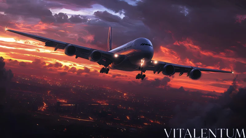 Jetliner descends through blazing sunset skies above city.