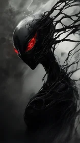 Shadow alien wraith with molten red eyes emerges