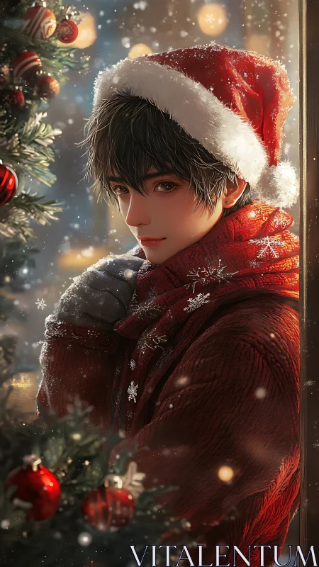 Christmas boy in red scarf watches snowlit winter street.