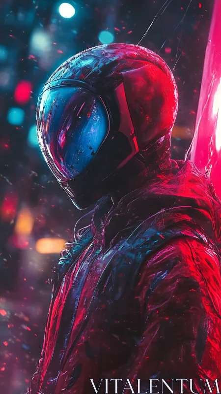 Neon rain slicks a lone urban astronaut in electric silence