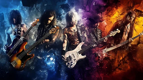 Electric rock band bathed in swirling bursts of color and light.