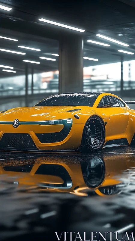 Yellow electric concept car in wet urban garage at night.