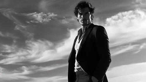 Brooding suited man dominates windswept monochrome sky.