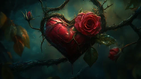 Heart-shaped form with thorned vines and red rose blooms