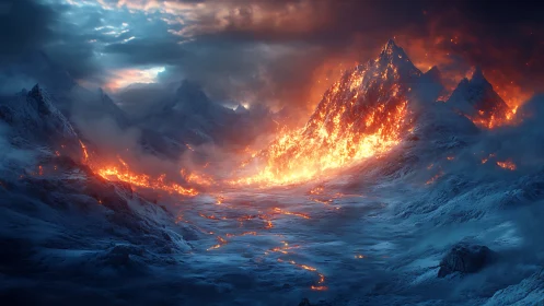 Alpine Eruption: Volcanic Peak Against Winter Landscape.