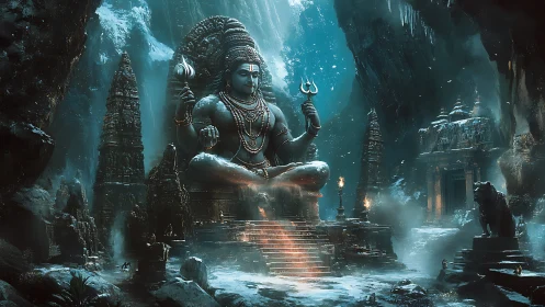 Snowlit mountain temple with serene seated deity watching all.