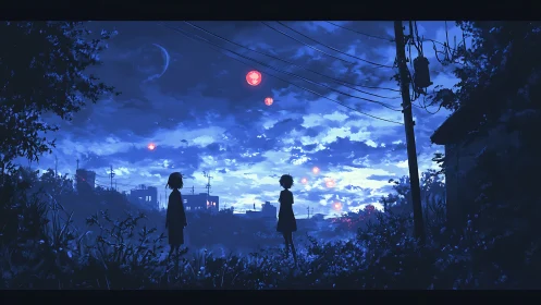 Soft blue twilight holds two friends under glowing skies
