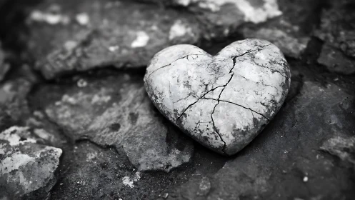 Calcified Heart Stone: Cracked Mineral Form in Grayscale Desolation.