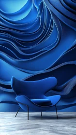 Digital lounge interior with sculpted blue abstract wall focus.