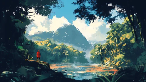 Figure in Red Overlooking Tropical Valley with Mountain