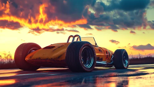 Low-slung retro race car under saturated sunset sky.