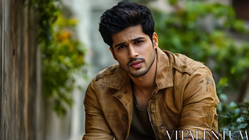 Relaxed young man in earthy jacket on a quiet city lane.