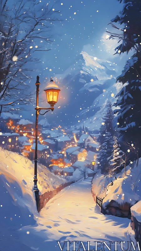 Snow-covered alpine village path under warm lamppost lighting