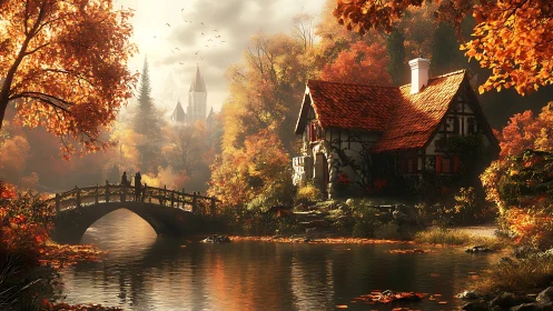 Autumnal riverside cottage with bridge and distant spires rendered.