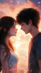 Two Hearts Converge Through Luminous Embrace Under Burning Sky