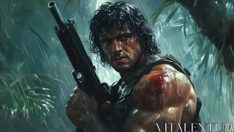 Battle-hardened soldier grips rifle in rain-soaked jungle