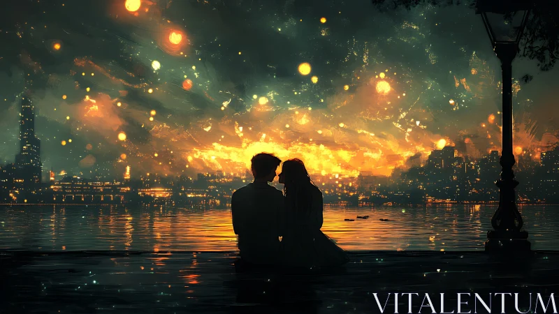 Silhouetted Couple Embracing Against Golden Cityscape Sunset.