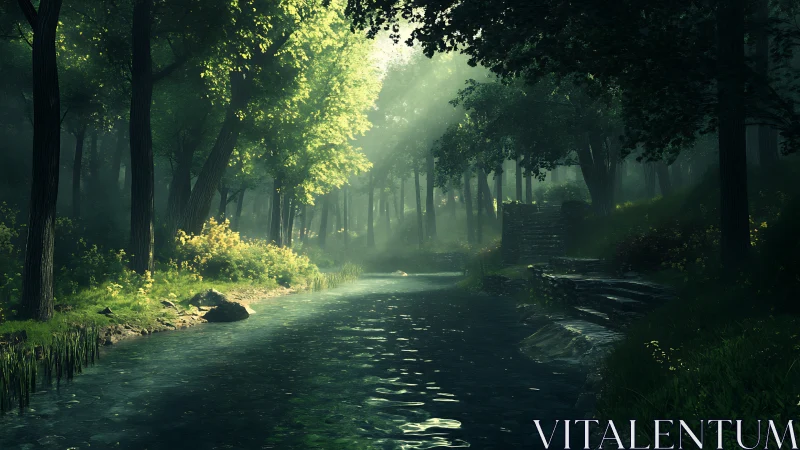 Luminous Forest Stream: Atmospheric Woodland Corridor with Crepuscular Light