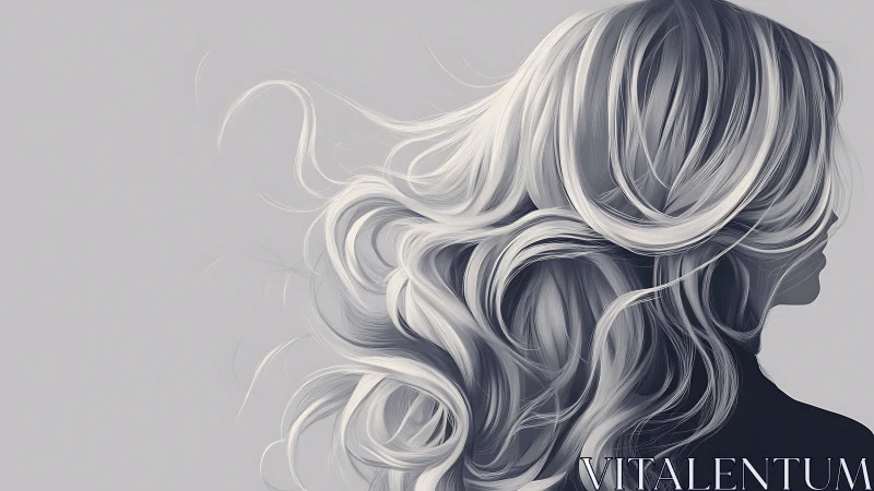 Monochrome profile portrait shows flowing wavy hair detail