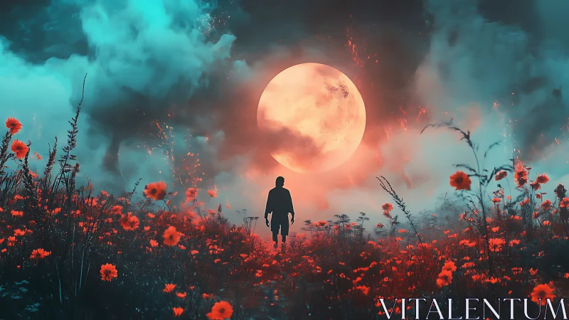 Backlit wanderer before oversized lunar disc in neon bloom field.