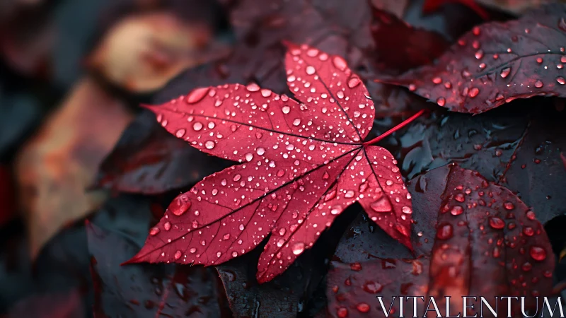 Red leaf with water droplets lies on darker wet foliage