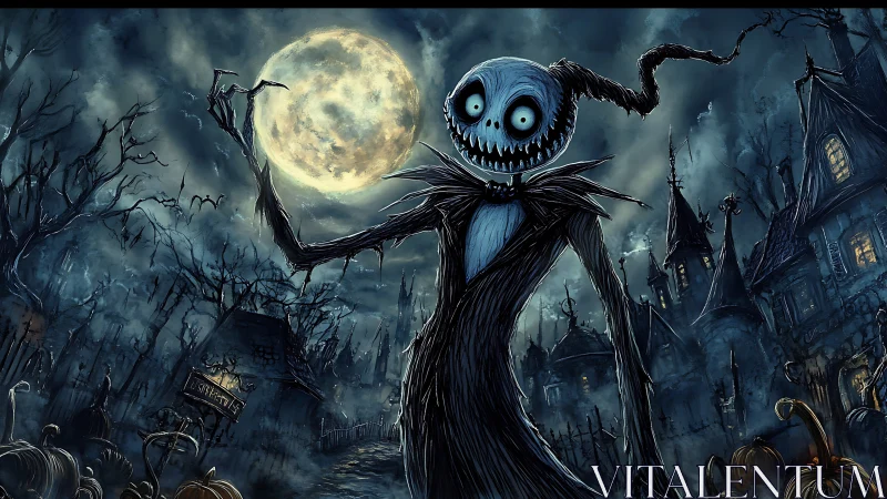 Spooky moonlit skeleton host welcomes a playful fright.